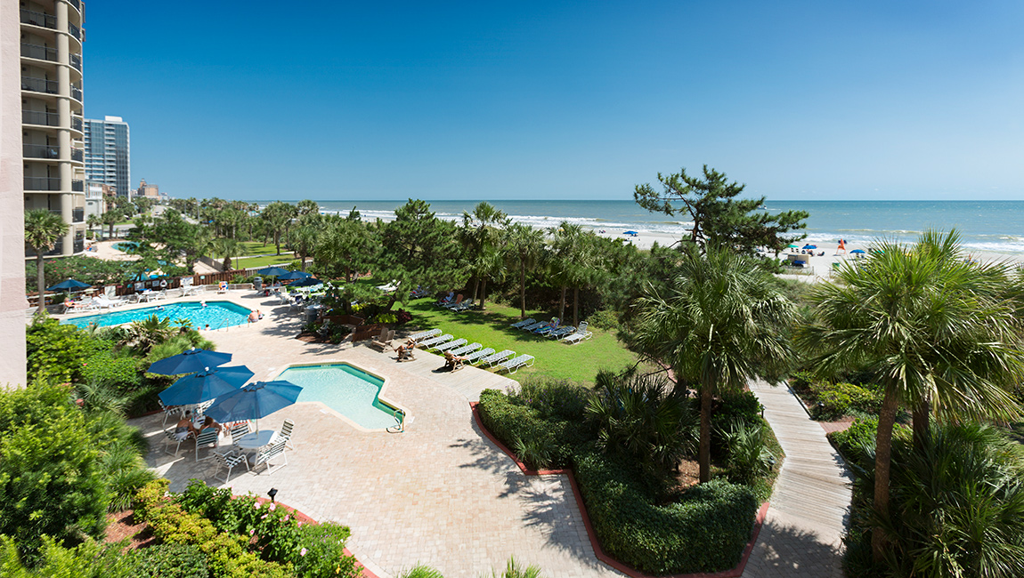 A beachfront resort with a pool, lounge chairs, and palm trees.